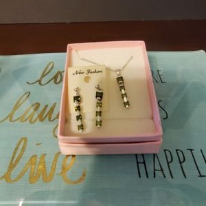 Silvertone and Green Stone Necklace & Earrings